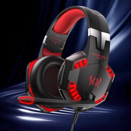 KOTION EACH Wired Gaming Headset With LED Light For PC Console showing red LED lights and adjustable boom mic