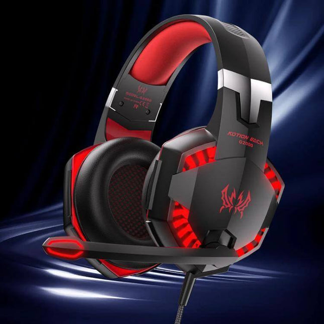 KOTION EACH Wired Gaming Headset With LED Light For PC Console showing red LED lights and adjustable boom mic