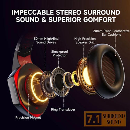 KOTION EACH Wired Gaming Headset With LED Light For PC Console showing exploded 7.1 surround drivers, cushions, mic and USB 3.5mm connections