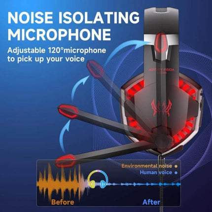 KOTION EACH Wired Gaming Headset With LED Light For PC Console showing noise-isolating adjustable microphone and LED earcups