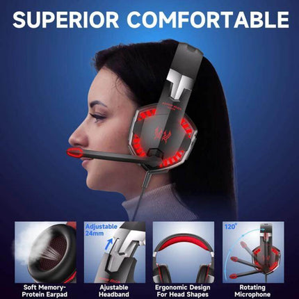 KOTION EACH Wired Gaming Headset With LED Light For PC Console shown on gamer with LED earcups and rotating microphone