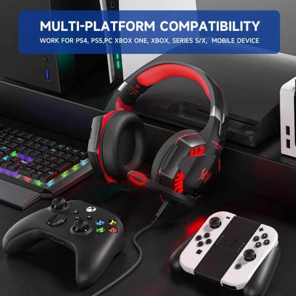 KOTION EACH Wired Gaming Headset With LED Light For PC Console shown with controllers keyboard and PS5 Xbox for multi-platform use