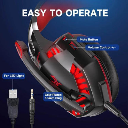 KOTION EACH Wired Gaming Headset With LED Light For PC Console showing LED accents, mute button, volume control, USB and 3.5mm jack