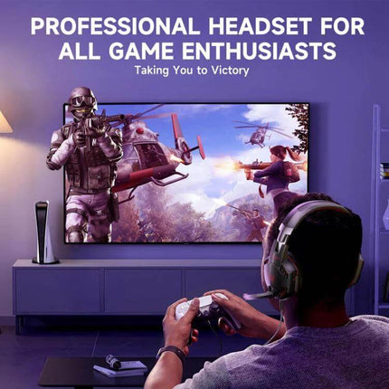 KOTION EACH Wired Gaming Headset With LED Light For PC Console showing gamer playing FPS with TV