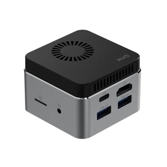 GMK NucBox Compact Mini PC with Windows 10 for Daily Computing - compact silver and black mini PC for web browsing and light streaming