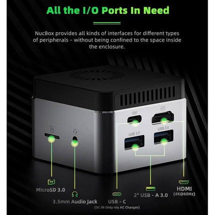 GMK NucBox Compact Mini PC with Windows 10 for Daily Computing showing compact design and multiple I/O ports including USB, USB-C, MicroSD and HDMI