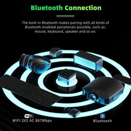 GMK NucBox Compact Mini PC with Windows 10 for Daily Computing showing Bluetooth peripherals like keyboard, headset, and projector in compact setup