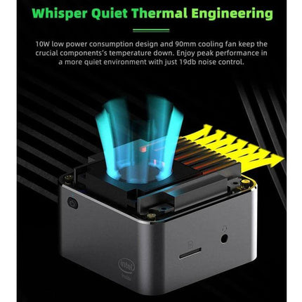 GMK NucBox Compact Mini PC with Windows 10 for Daily Computing showing whisper quiet thermal engineering and compact fan cooling