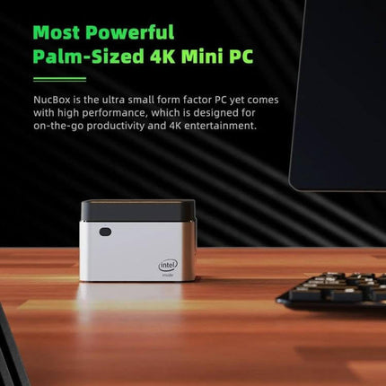 GMK NucBox Compact Mini PC with Windows 10 for Daily Computing on a desk, palm-sized 4K mini PC for web, office work and light streaming