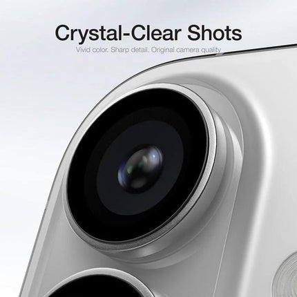 XDcase iPhone Lens Protector for Everyday Photography showing metal frame and 9H tempered glass over rear camera for crystal-clear shots