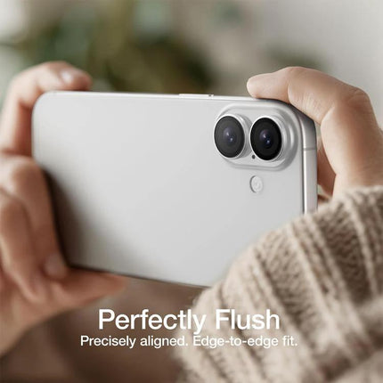 XDcase iPhone Lens Protector for Everyday Photography on white iPhone showing metal frame and 9H tempered glass protecting dual rear camera lenses