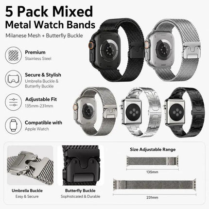 5-Pack Stainless Milanese And Butterfly Bands Apple Watch | Syndmart