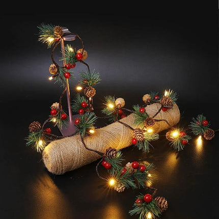 Christmas Pine Needles Light String 2m Warm White Indoor wrapped on table garland with pinecones berries and warm white LEDs