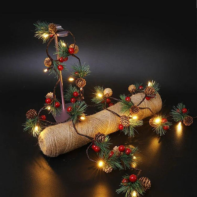Christmas Pine Needles Light String 2m Warm White Indoor wrapped on table garland with pinecones berries and warm white LEDs