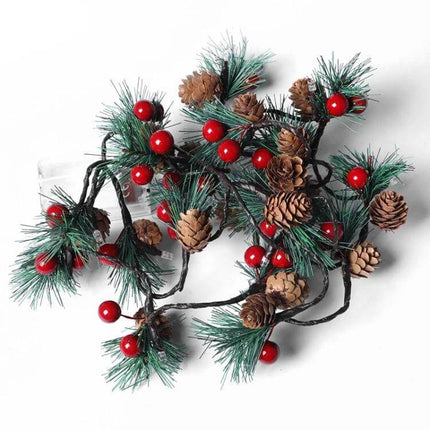 Christmas Pine Needles Light String 2m Warm White Indoor with pinecones and red berry accents on flexible copper wire