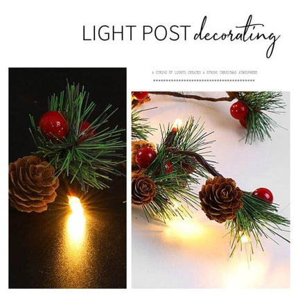 Christmas Pine Needles Light String 2m Warm White Indoor - 203 LED flexible copper wire on pine garland with pinecones and red berries