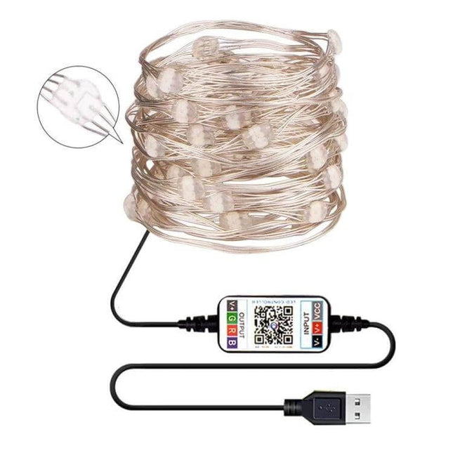 RGB Copper Wire Light String For Room Decor With Bluetooth App Control - USB-powered flexible string lights with controller and QR app code