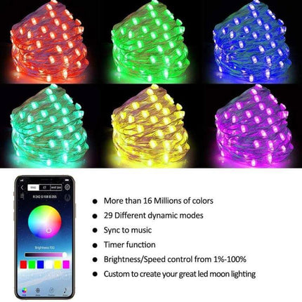 RGB Copper Wire Light String For Room Decor With Bluetooth App Control USB powered flexible string lights showing multiple RGB colors and smartphone app features
