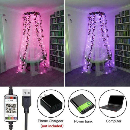 RGB Copper Wire Light String For Room Decor With Bluetooth App Control - USB-powered mood lighting draped over a canopy chair with app-controlled colors