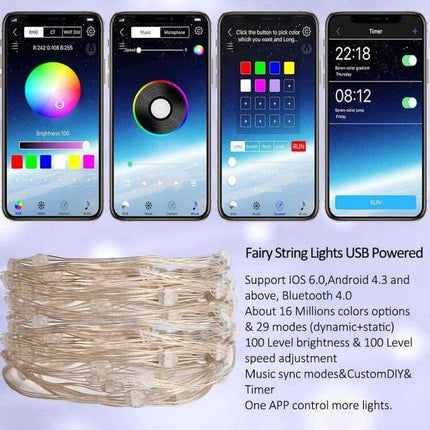 RGB Copper Wire Light String For Room Decor With Bluetooth App Control showing app color wheel, modes, timer and coiled USB-powered fairy lights