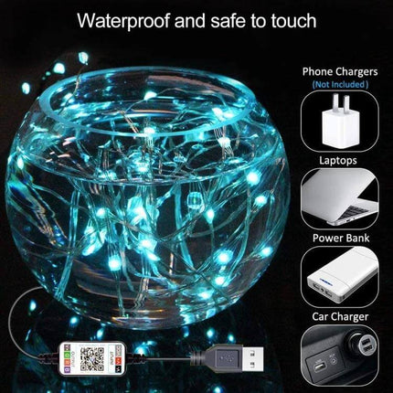 RGB Copper Wire Light String For Room Decor With Bluetooth App Control draped in glass bowl showing USB plug and app controller, flexible waterproof ambient lighting