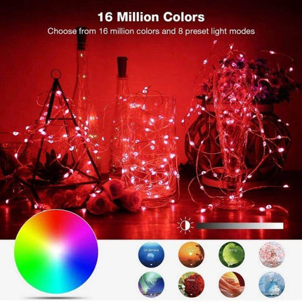 RGB Copper Wire Light String For Room Decor With Bluetooth App Control - USB RGB copper wire lights wrapped around glass bottles showing red mood lighting and color wheel