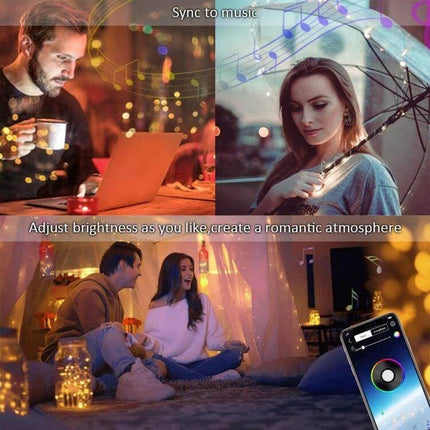 RGB Copper Wire Light String For Room Decor With Bluetooth App Control showing cozy bedroom, app color wheel, and music-sync mood lighting
