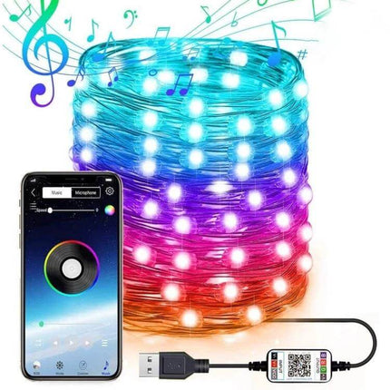 RGB Copper Wire Light String For Room Decor With Bluetooth App Control USB-powered multicolor copper wire lights with app control, flexible for shelves and backdrops