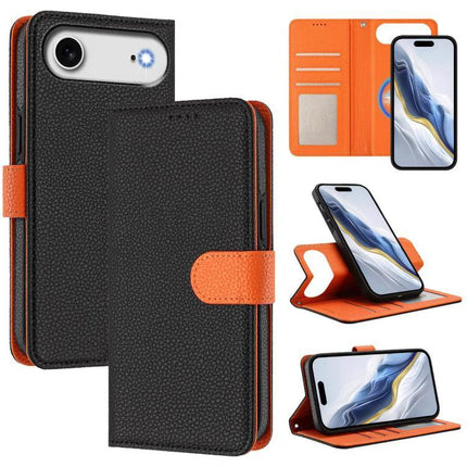 Vegan Leather Phone Case With Detachable Wallet in black and orange showing RFID-blocking wallet, magnetic detachable design and kickstand views
