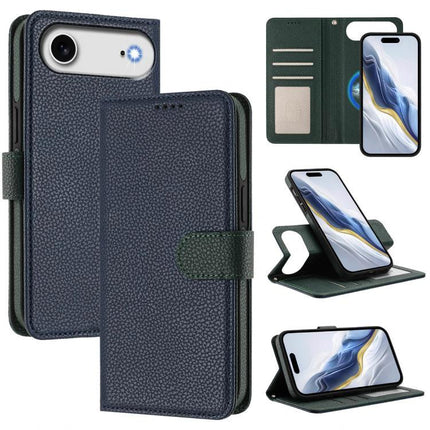 Vegan Leather Phone Case With Detachable Wallet showing navy textured folio, RFID card slots, magnetic detachable wallet and kickstand mode