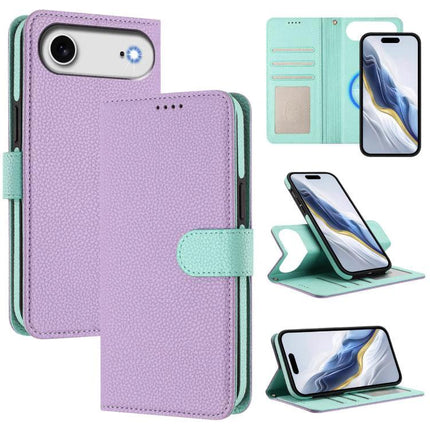 Vegan Leather Phone Case With Detachable Wallet in lavender and mint with RFID-blocking wallet, magnetic detachable design and card slots