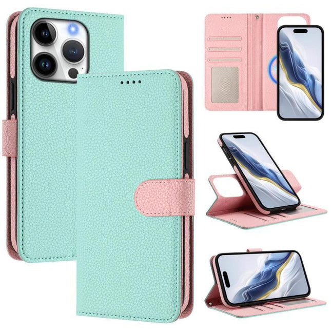 Vegan Leather iPhone Case With Detachable Wallet For Everyday Use in mint pink, magnetic wallet, stand and card slots