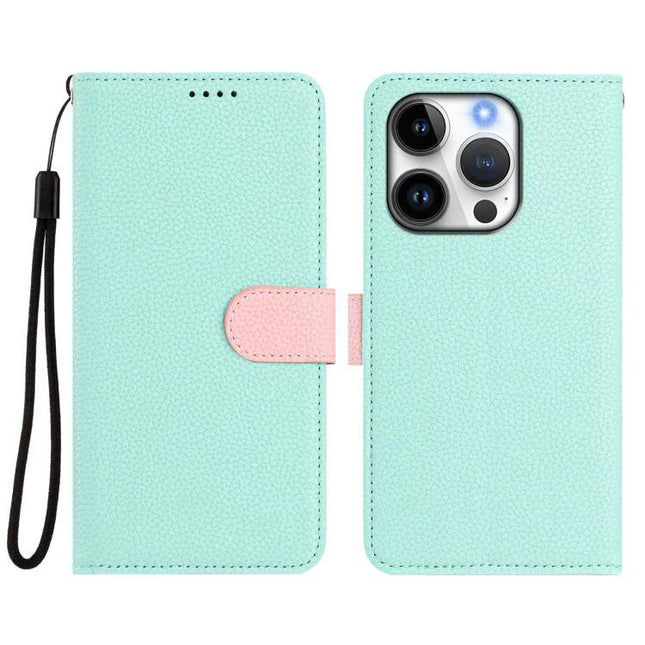 Vegan Leather iPhone Case With Detachable Wallet For Everyday Use in mint with pink tab, wrist strap, magnetic detachable wallet and camera cutout