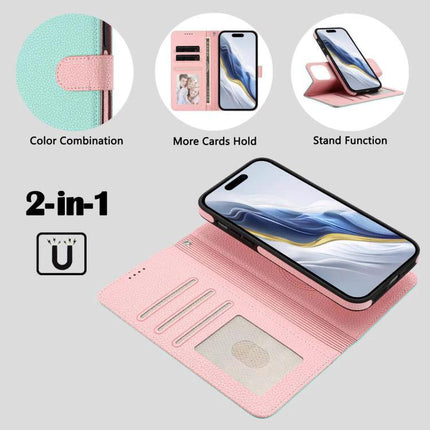 Vegan Leather iPhone Case With Detachable Wallet For Everyday Use showing pink wallet case with card slots, stand function and magnetic attachment