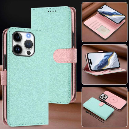 Vegan Leather iPhone Case With Detachable Wallet For Everyday Use in mint green and pink showing wallet slots, stand function, and magnetic attachment