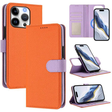 Vegan Leather iPhone Case With Detachable Wallet For Everyday Use in orange and lavender, magnetic wallet, card slots, kickstand