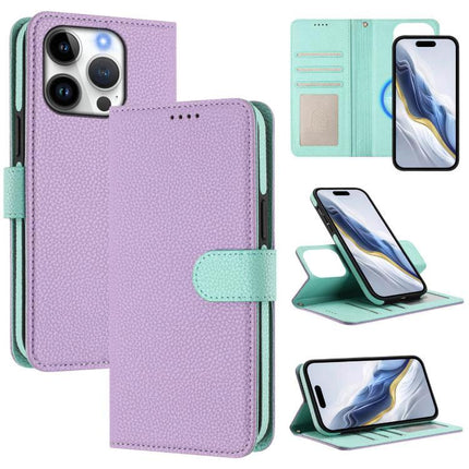 Vegan Leather iPhone Case With Detachable Wallet For Everyday Use in lavender and mint showing magnetic detachable wallet, card slots, and kickstand
