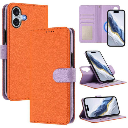 Vegan Leather iPhone Case With Detachable Wallet For Everyday Use shown in orange with detachable magnetic wallet, card slots and kickstand for hands-free use