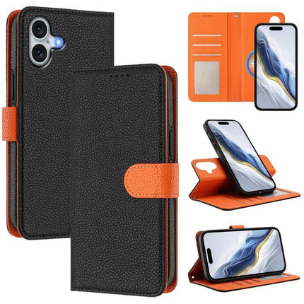 Vegan Leather iPhone Case With Detachable Wallet For Everyday Use showing black textured folio with orange interior, magnetic detachable wallet and kickstand