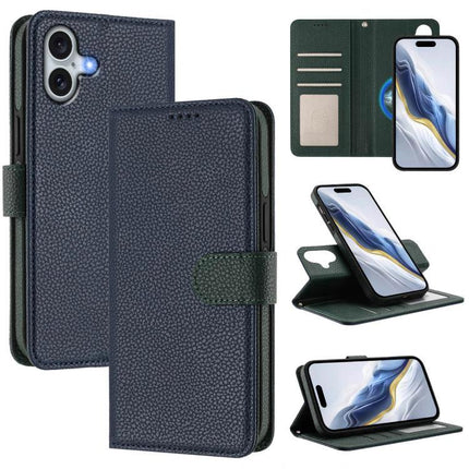 Vegan Leather iPhone Case With Detachable Wallet For Everyday Use showing navy pebble texture, magnetic detachable wallet, card slots and kickstand views