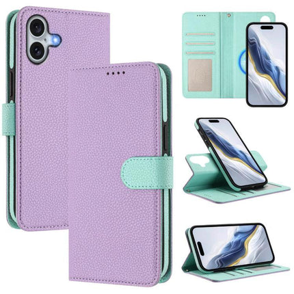 Vegan Leather iPhone Case With Detachable Wallet For Everyday Use in lavender and mint showing magnetic detachable wallet, card slots and kickstand