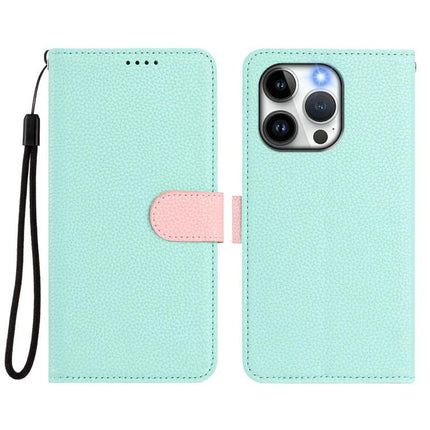 Vegan Leather Phone Case With Detachable Wallet For Everyday Use in mint green with pink clasp, wrist strap and built-in stand for hands-free use