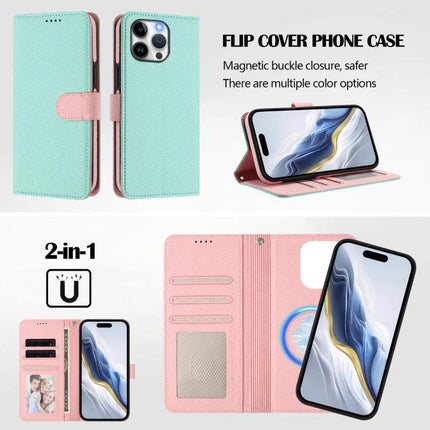 Vegan Leather Phone Case With Detachable Wallet For Everyday Use showing mint and pink 2-in-1 flip cover with stand and card slots