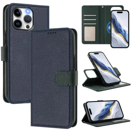 Vegan Leather Phone Case With Detachable Wallet For Everyday Use shown in navy pebbled vegan leather with detachable card wallet and built-in stand