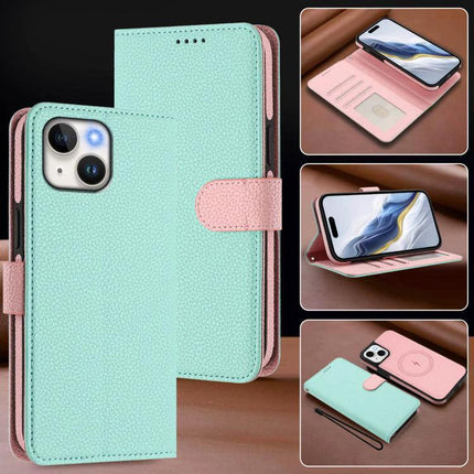 Vegan Leather Cardholder Phone Case For Everyday Protection in mint and pink wallet style with card slots and stand feature