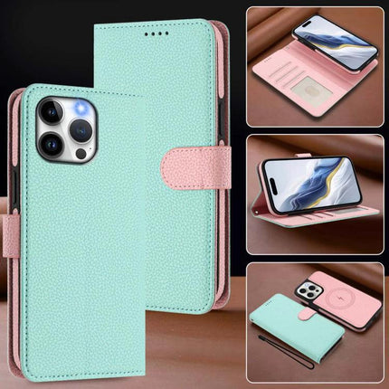 Vegan Leather Phone Case With Detachable Wallet in mint and pink showing card slots, detachable wallet, stand and magnetic attachment