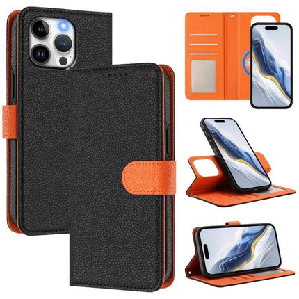 Vegan Leather Phone Case With Detachable Wallet black pebble texture with orange interior, card slots, magnetic closure and built-in stand