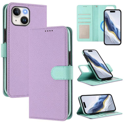Vegan Leather Phone Case With Detachable Wallet in purple with mint interior, card slots, built-in stand and magnetic detachable wallet