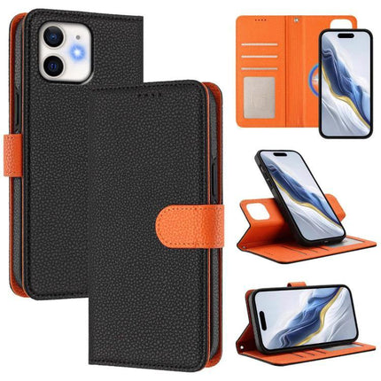 Vegan Leather Phone Case With Detachable Wallet in black and orange with built-in stand, card slots, magnetic detachable wallet and slim TPU protection