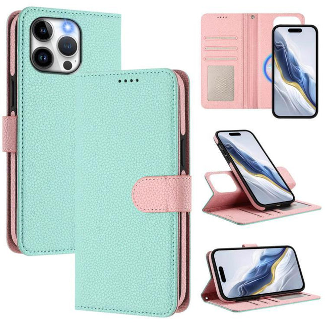 Vegan Leather iPhone Case With Card Holder For Everyday Protection And Easy Carry in mint green with detachable magnetic wallet, RFID blocking, and stand